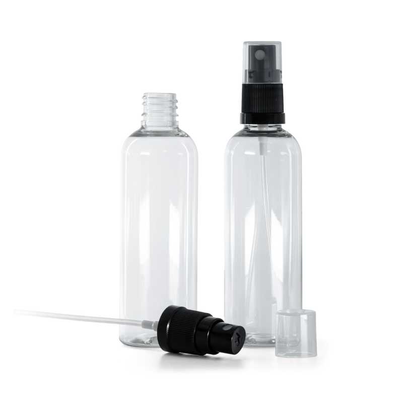 Klare Plastikflasche, schwarzes Spray, 100 ml