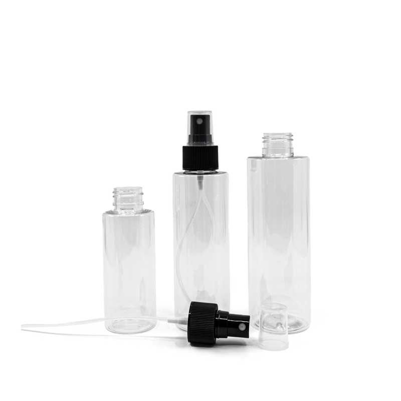 Klare Plastikflasche, schwarzes Spray, 150 ml