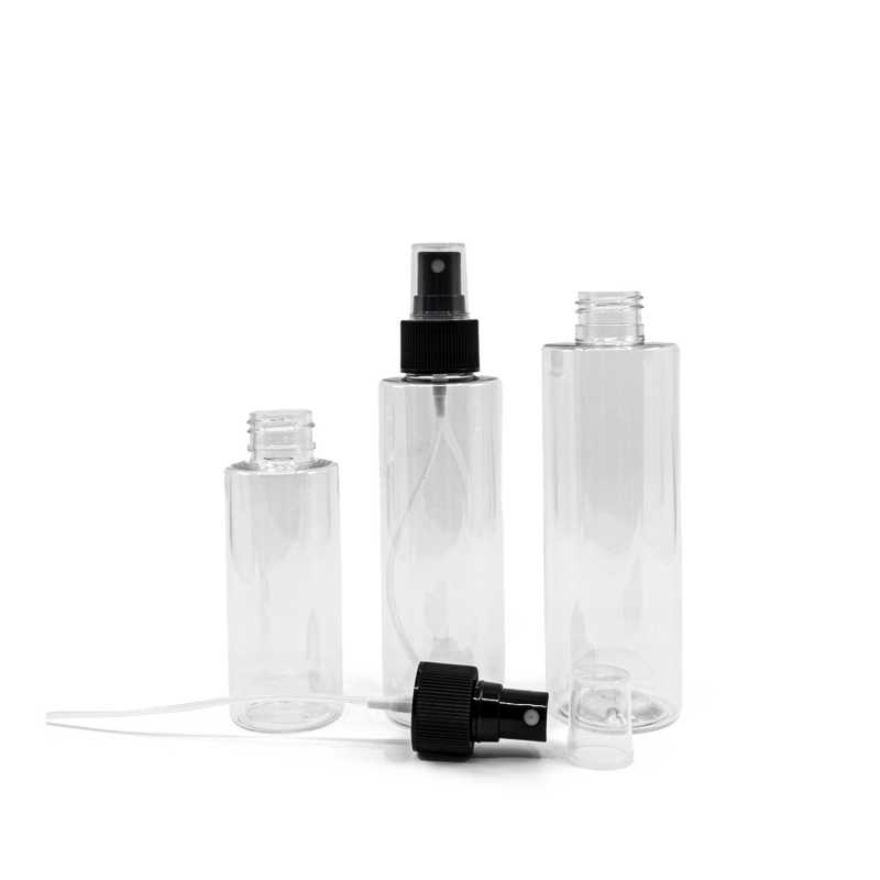 Klare Plastikflasche, schwarzes Spray, 200 ml