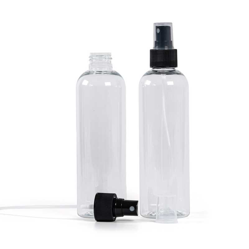 Klare Kunststoffflasche, schwarzes Spray, 250 ml