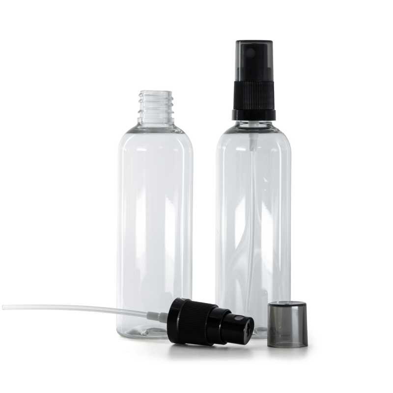 Kunststoffflasche, Sprühzerstäuber, transparent, schwarzer Ring, Rauchkappe, 100 ml