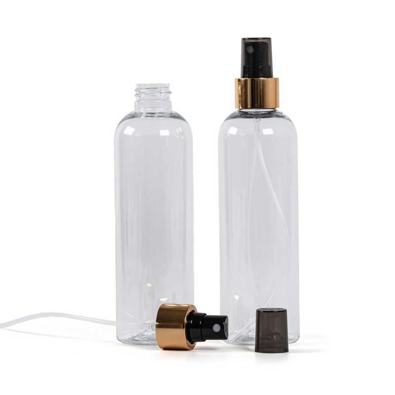 Klare Plastikflasche, schwarzes Spray mit glänzendem Goldkragen, 250 ml