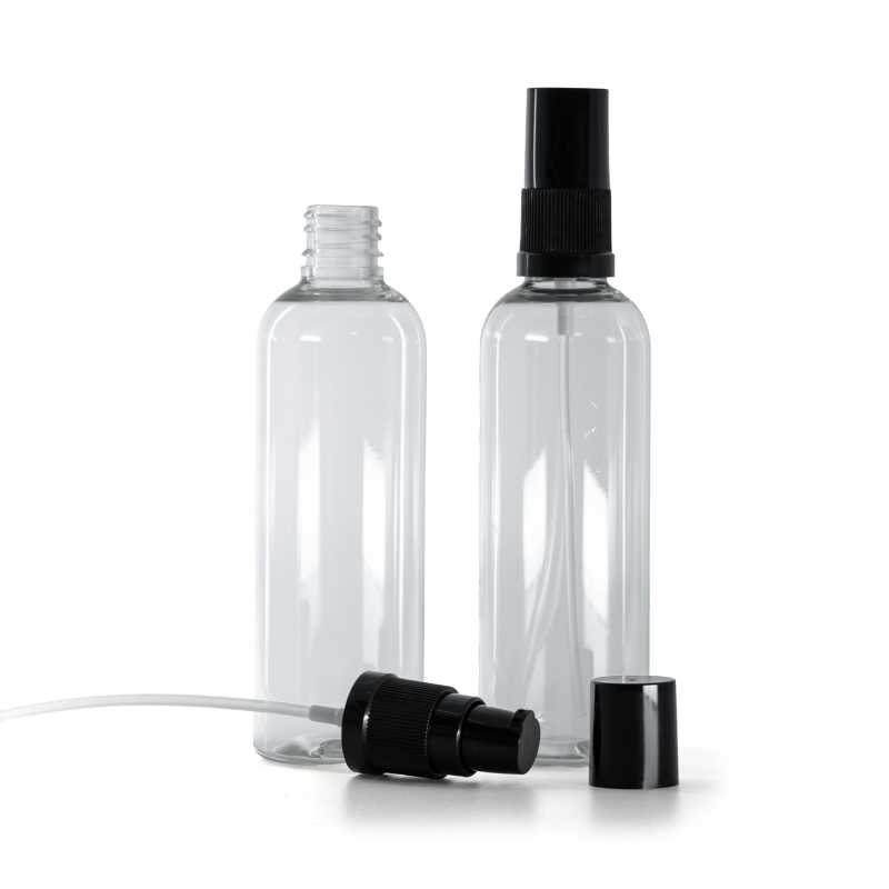 Klare Kunststoffflasche, schwarze Lotion-Pumpe mit schwarzem Überkappe, 100 ml