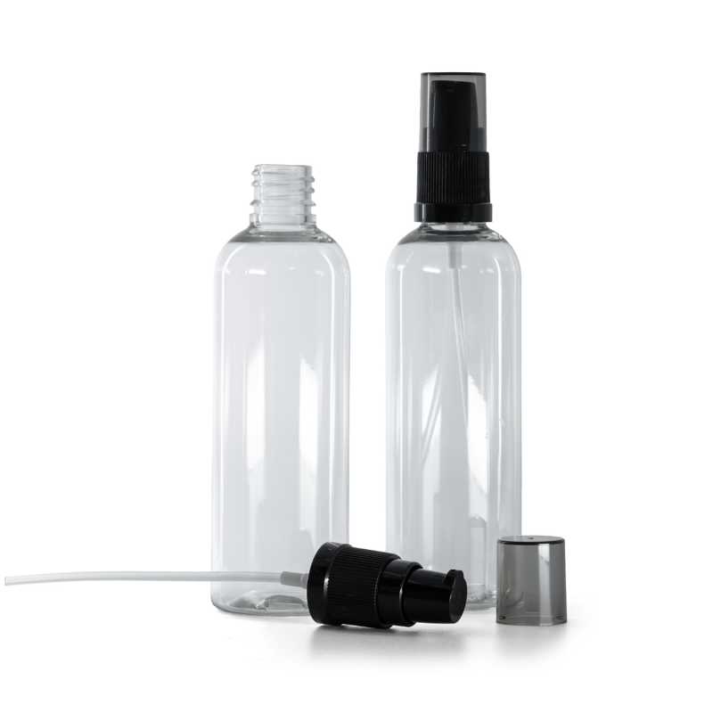 Klare Kunststoffflasche, Spenderpumpe für Lotionen mit rauchfarbener Überkappe, 100 ml
