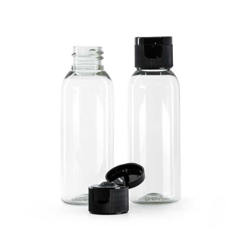 Recycelbare Kunststoffflasche, transparente, schwarzer Flip‑Top‑Verschluss, 50 ml