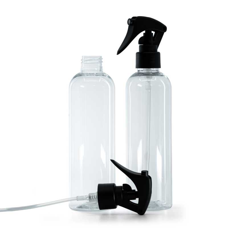 Klare Kunststoffflasche, Mini-Trigger-Spray, mattschwarz, glatter Kragen, 250 ml