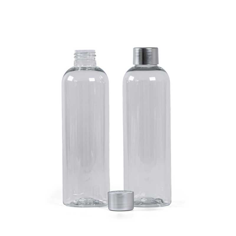 Klare Kunststoffflasche, 24/410, mattsilberne Kunststoffkappe, 250 ml