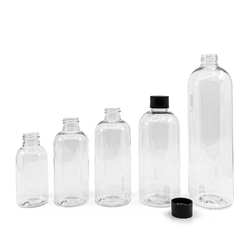 Abgerundete klare Kunststoffflasche 24/410, schwarzer matter Kunststoffdeckel, 500 ml