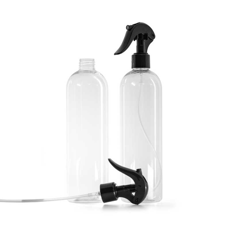 Runde transparente Kunststoffflasche mit schwarzem Trigger-Sprühkopf 500 ml
