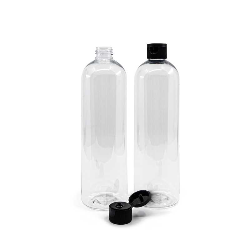 Abgerundete klare Kunststoffflasche 24/410, schwarzer Flip-Top, 500 ml