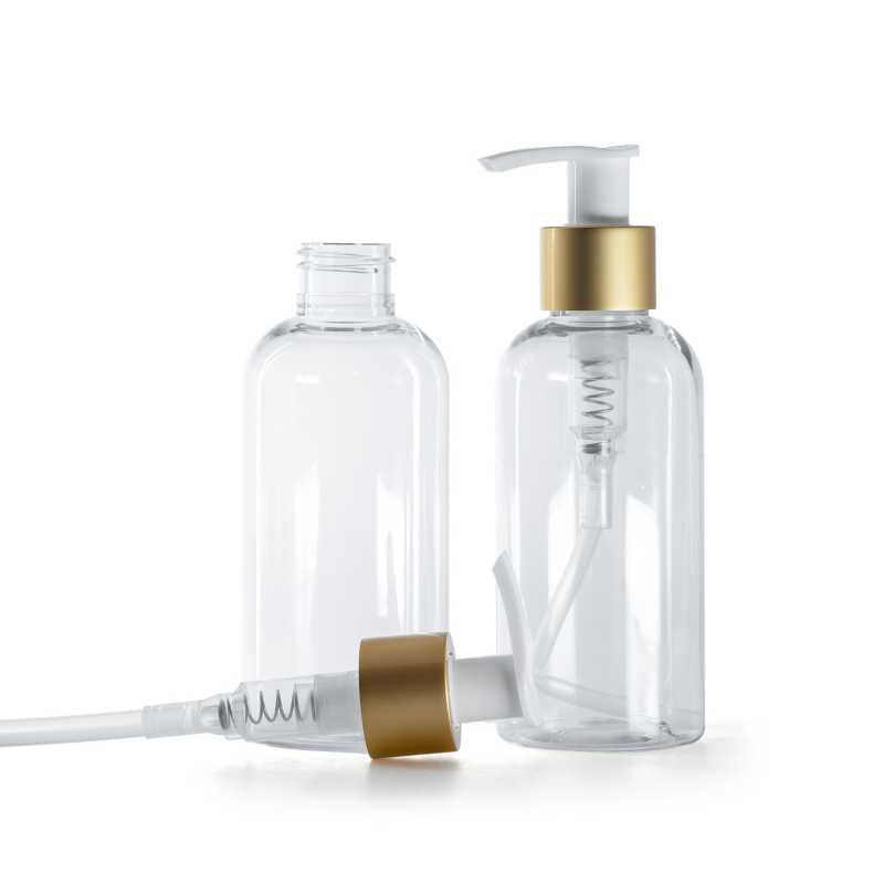 Runde transparente Kunststoffflasche, weißer Lotionpumpspender mit mattem Goldkragen, 150 ml