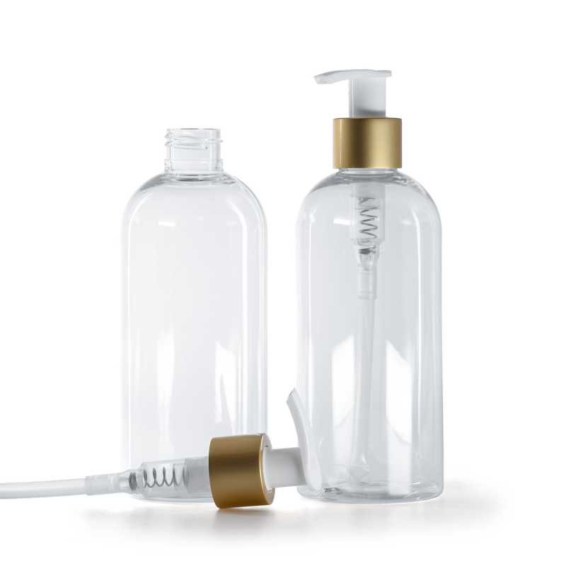 Runde transparente Kunststoffflasche, Spenderpumpe weiß mit mattem Goldring, 300 ml