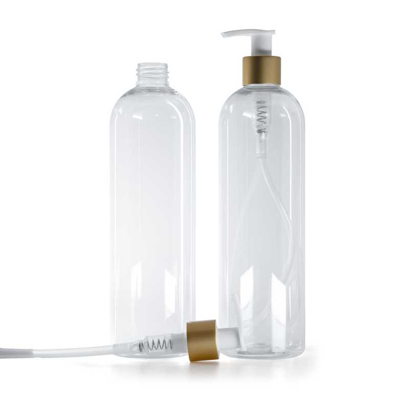 Runde transparente Kunststoffflasche mit weißem Lotionpumpspender und mattgoldenem Ring, 500 ml