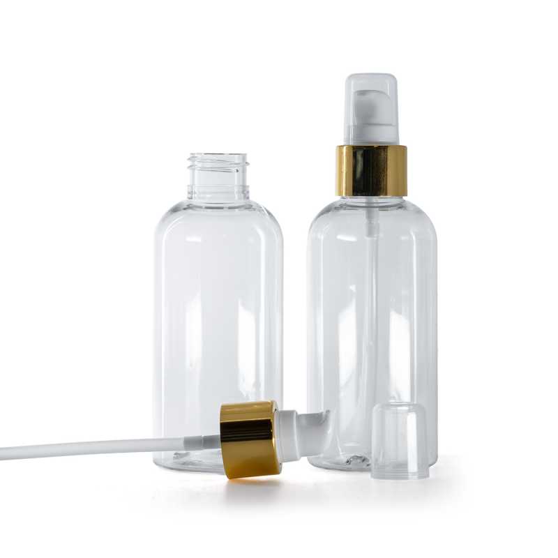 Runde transparente Kunststoffflasche, weißer Dispenser mit Überkappe, glänzend gold, 150 ml