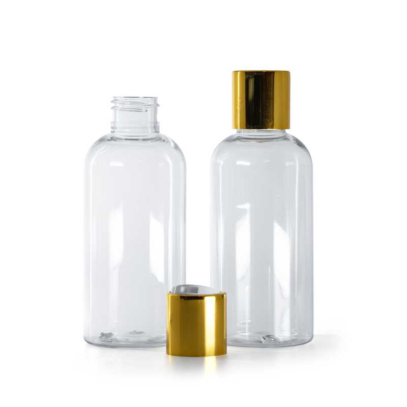 Runde transparente Kunststoffflasche, Disc-Top-Verschluss, goldener Rand mit weißem Einsatz, 150 ml