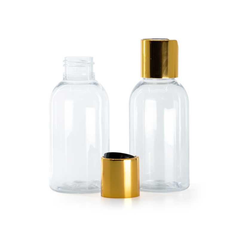 Abgerundete, klare Kunststoffflasche, schwarzer Kunststoff-Kippverschluss mit goldener Aluminiummans