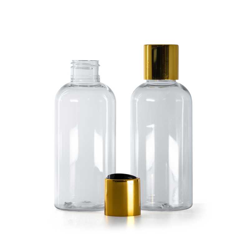 Runde transparente Kunststoffflasche, Disc-Top-Verschluss gold mit schwarzer Einsatzkappe, 150 ml