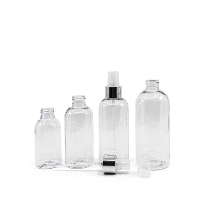 Abgerundete, klare Kunststoffflasche, Transparentes Spray mit glänzendem Silberkragen, 150 ml