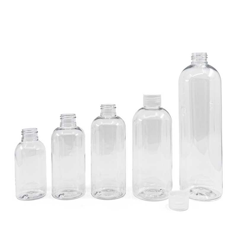 Abgerundete klare Kunststoffflasche, transparenter Kunststoffdeckel, 100 ml