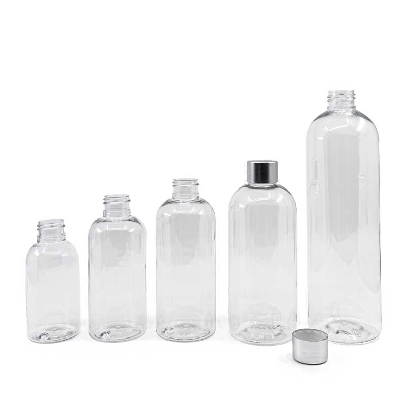 Abgerundete, klare Plastikflasche, Silberkappe, 150 ml