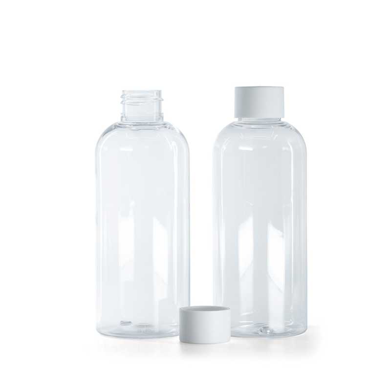 Transparente runde Kunststoffflasche, mattweißer Verschluss, 200 ml