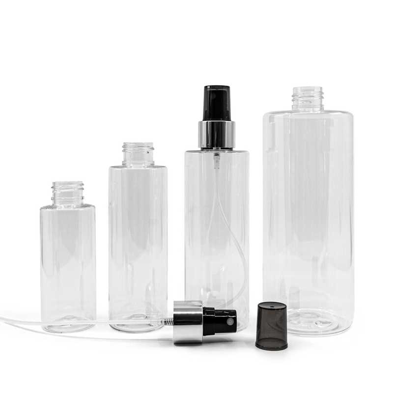 Klare Plastikflasche, schwarzes Spray mit glänzendem Silberkragen, 150 ml