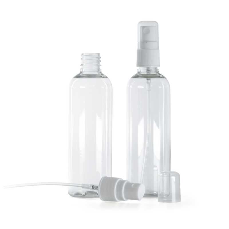 Klare Kunststoffflasche mit weißem Zerstäuber, 100 ml