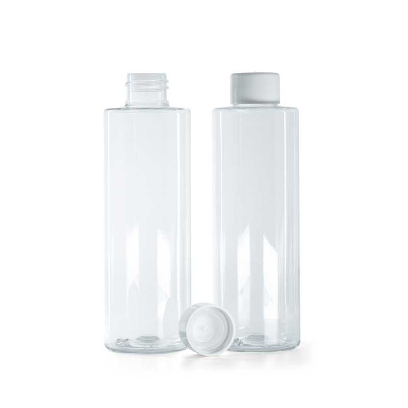 Transparente Kunststoffflasche mit glatter weißer Kappe und Reduziereinsatz, 200 ml