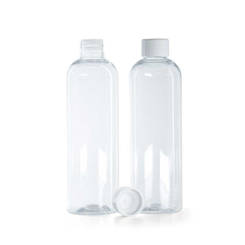 Transparente Kunststoffflasche, glatter weißer Verschluss mit Reduzierstück, 250 ml