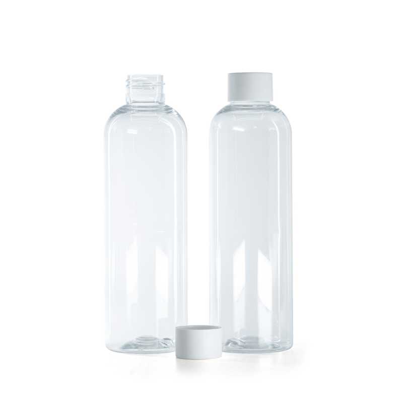 Transparente Kunststoffflasche, matter weißer Verschluss, 250 ml