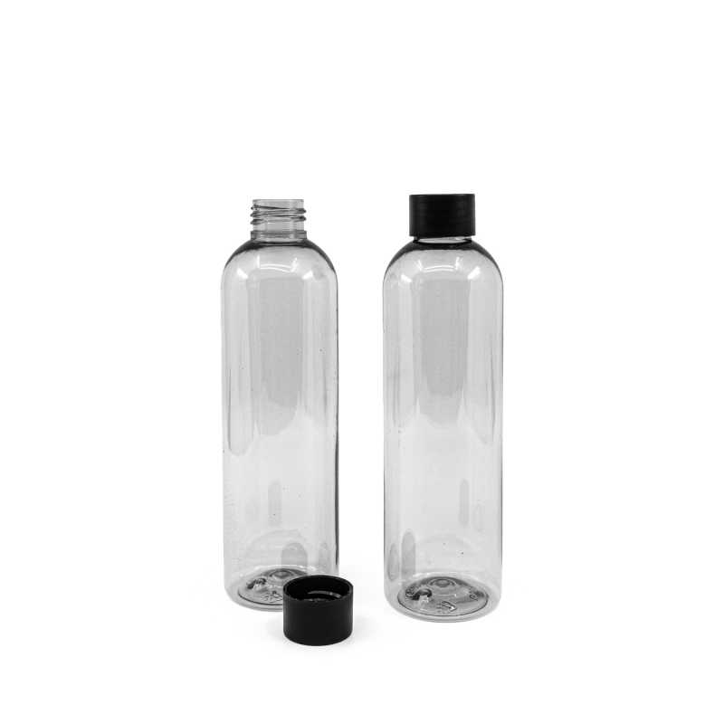 Recycelte Kunststoffflasche, 24/410, schwarzer matter Kunststoffdeckel, 250 ml