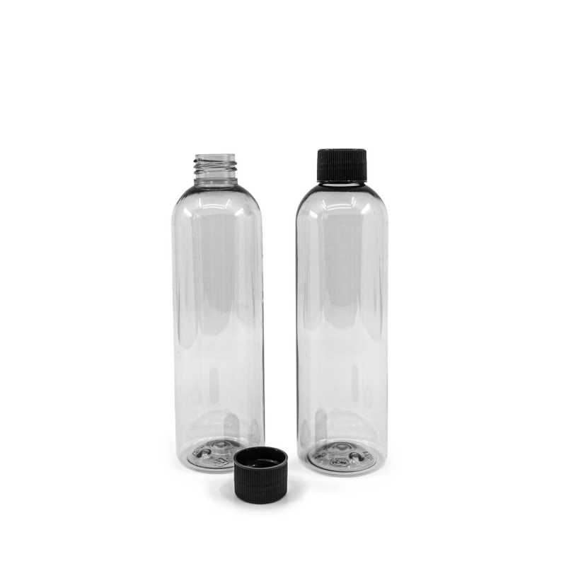Klare Recycling-Kunststoffflasche, schwarzer gerippter Kunststoffdeckel, 250 ml