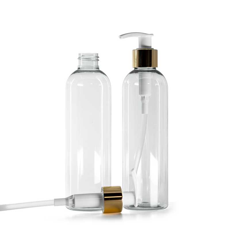 Flasche aus recyceltem Kunststoff, weiße Lotionpumpe mit glänzendem Goldkragen, 250 ml