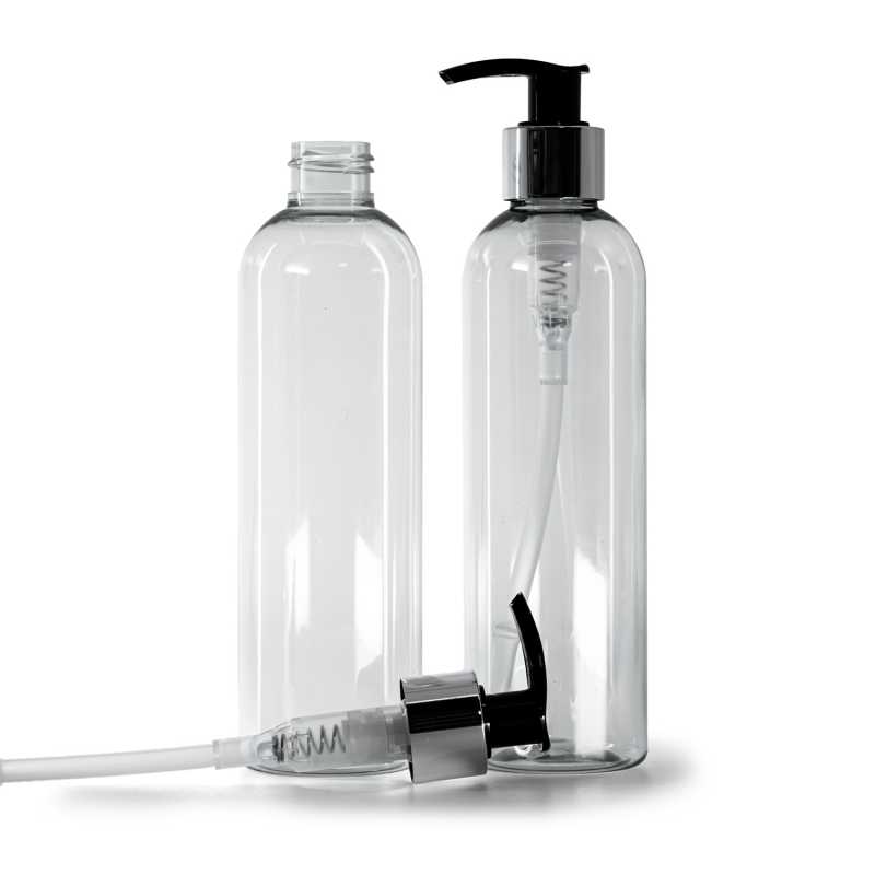 Flasche aus recyceltem Kunststoff, schwarze Lotion-Pumpe mit glänzendem Silberkragen, 250 ml