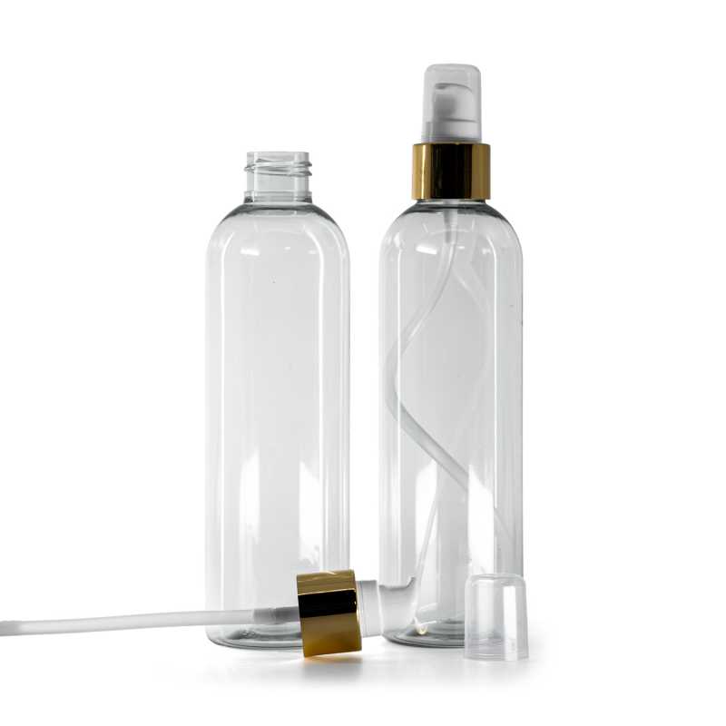 Flasche aus recyceltem Kunststoff, weiße Lotionpumpe mit Überkappe, goldglänzend, 250 ml
