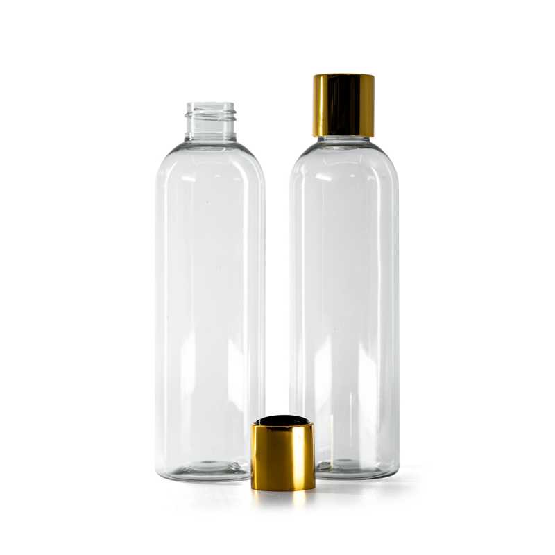 Flasche aus recyceltem Kunststoff, schwarzer Kunststoff-Flip-Top mit goldener Aluminiummanschette, 2