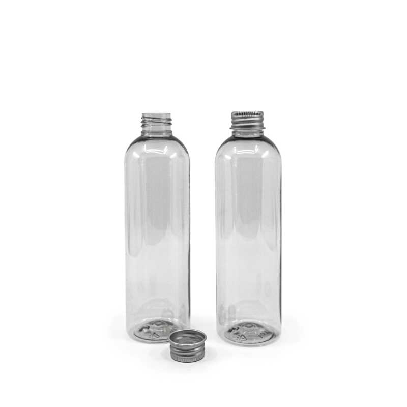 Flasche aus recyceltem Kunststoff, silberner Aluminiumdeckel, 250 ml