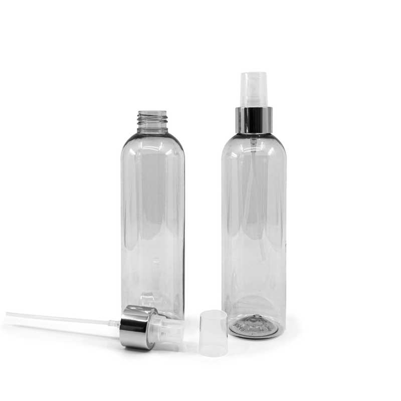 Flasche aus recyceltem Kunststoff, Transparentes Spray mit glänzendem Silberkragen, 250 ml