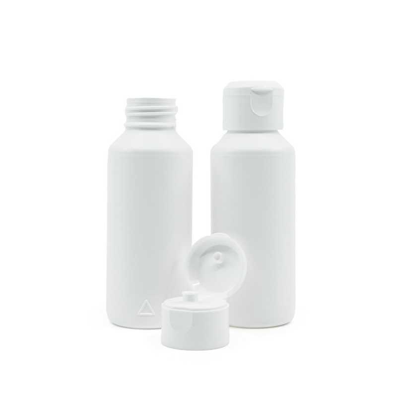 Weiße Kunststoffflasche, HDPE, weißer Flip-Top, 100 ml