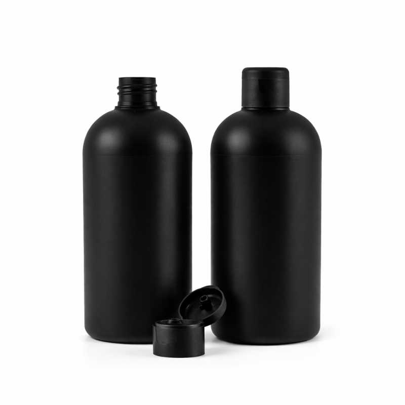 Schwarze Kunststoffflasche HDPE, matt schwarzer Flip-Top, 500 ml