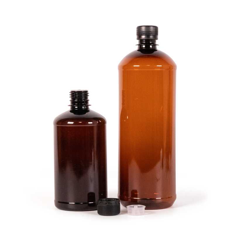 Braune Kunststoffflasche, schwarzer Originalitätsverschluss mit Pipette, 1000 ml