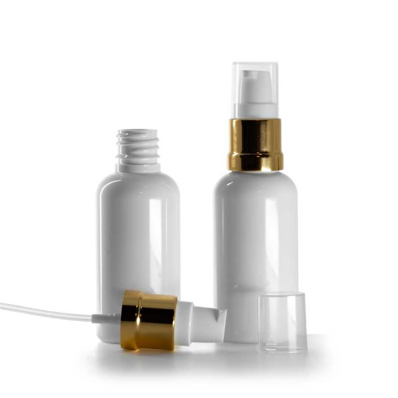 Weiße Kunststoffflasche, glänzende goldweiße Pumpe, 50 ml