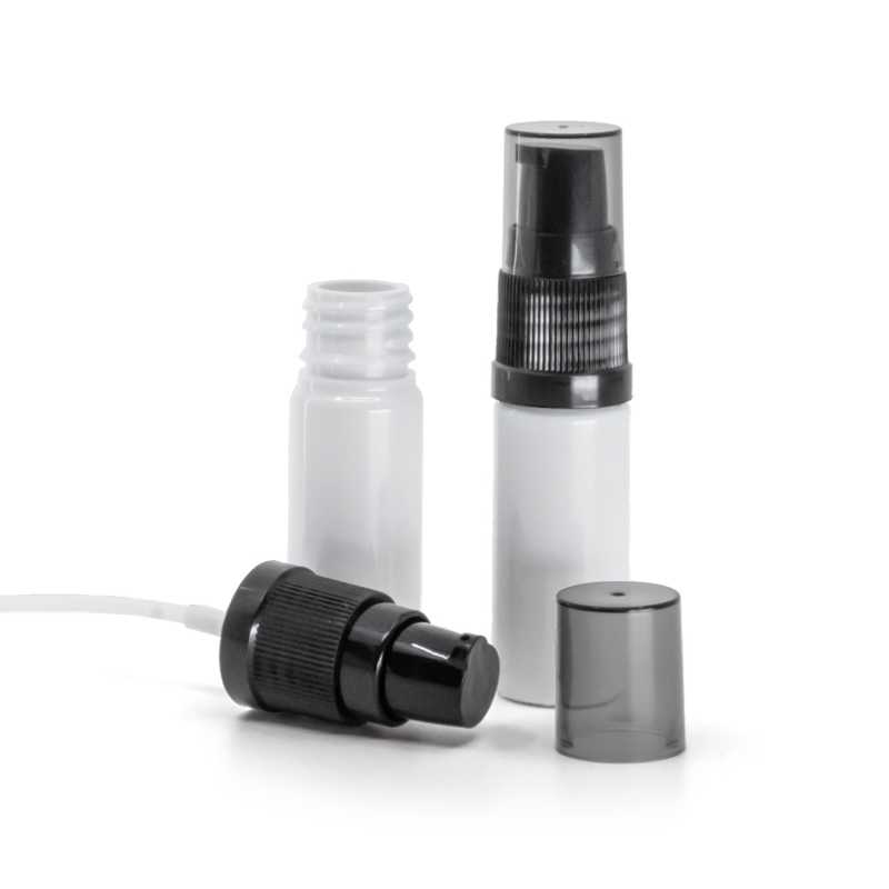 Weiße Kunststofffläschchen, schwarzer Cremespender mit rauchfarbener Überkappe, 10 ml