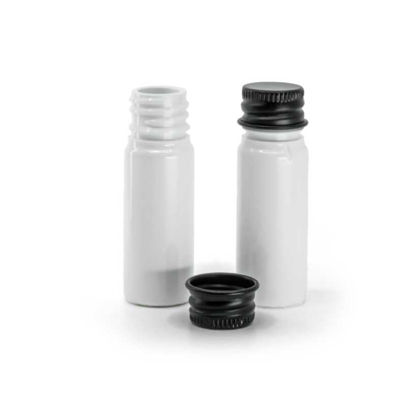 Weiße Kunststoffflasche, schwarzer Aluminiumdeckel, 10 ml