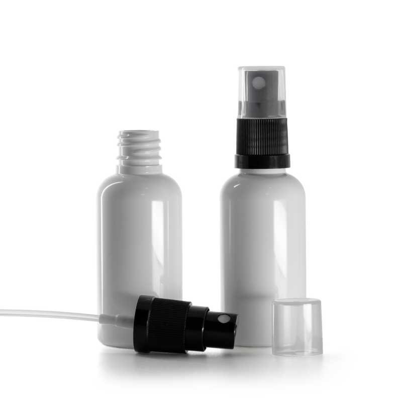 Weiße Kunststoffflasche, schwarzes Spray, 50 ml