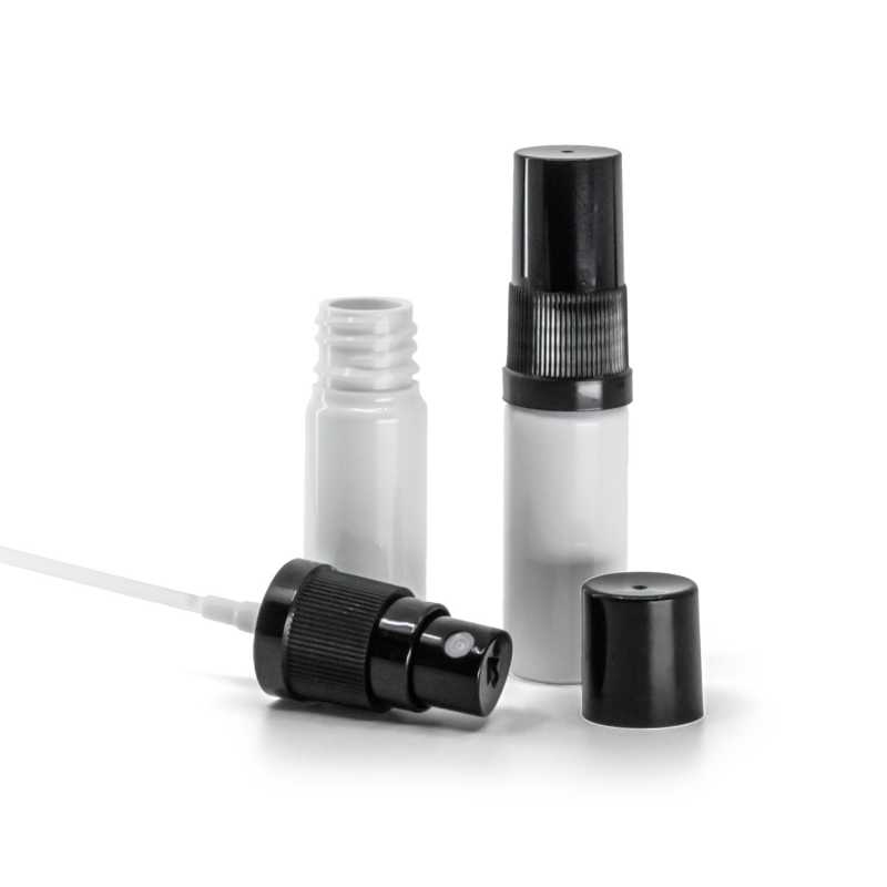 Weiße Kunststoffflasche, schwarzer Feinzerstäuber, schwarzer Überkappe, 10 ml