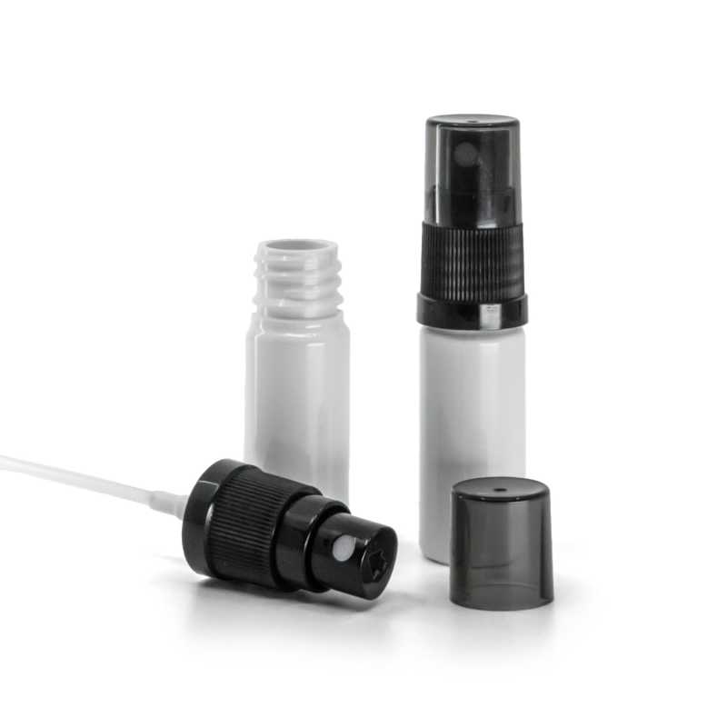 Kunststoffflasche weiß, schwarzer Feinnebelzerstäuber, Smoky-Überkappe, 10 ml