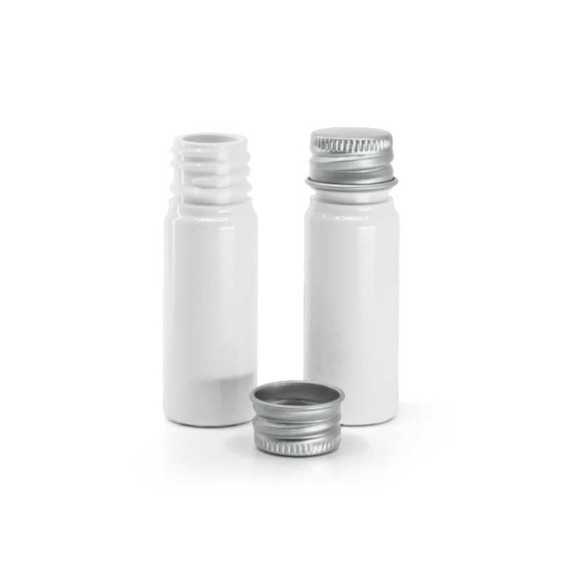 Weiße Kunststoffflasche, silberne Aluminiumkappe, 10 ml