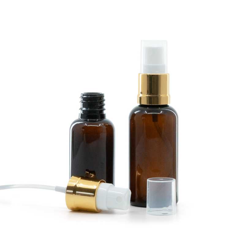 Bernsteinfarbene Plastikflasche, Goldweißes Spray, 30 ml