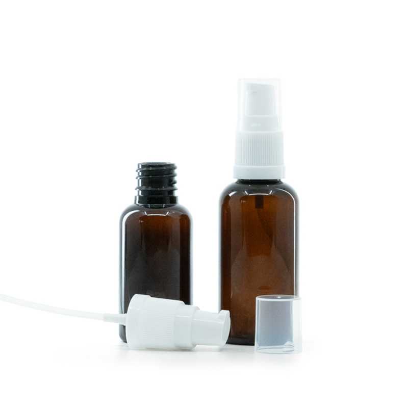 Bernsteinfarbene Kunststoffflasche, weiße Lotionpumpe, 30 ml